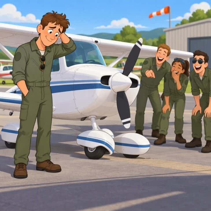 A pilot grins sheepishly after a small mistake.