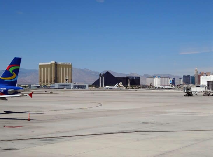 Airfield at Las Vegas Harry Reid International Airport with the Strip skyline behind the apron