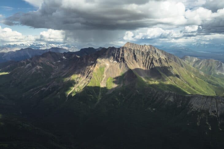Aerial view of Fireweed Mountain and the Lakina River in Wrangell-St. Elias National Park, Alaska