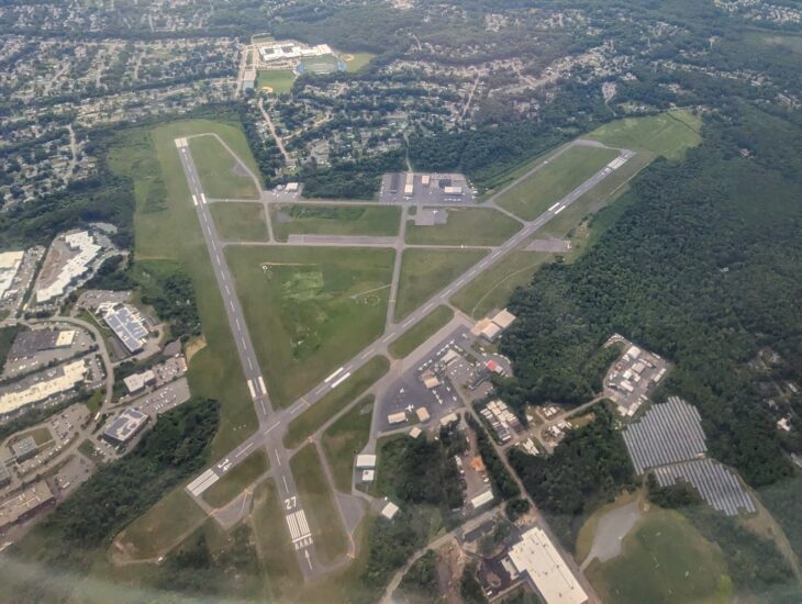 Aerial view of Beverly Regional Airport and its runways