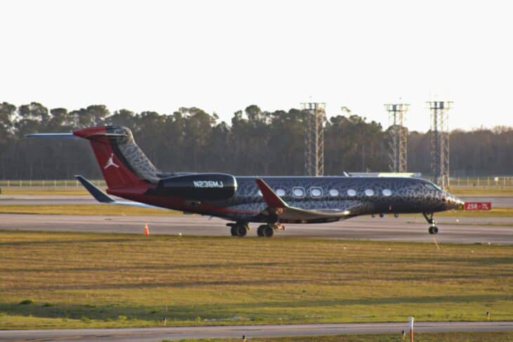 Gulfstream G650ER N236MJ in its elephant-print scheme with the Jumpman logo on the tail