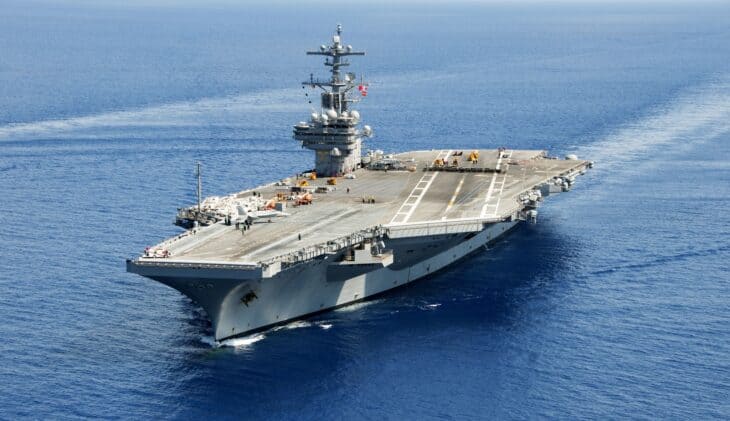 USS George H.W. Bush underway in the Atlantic with its modernized island and radar tower