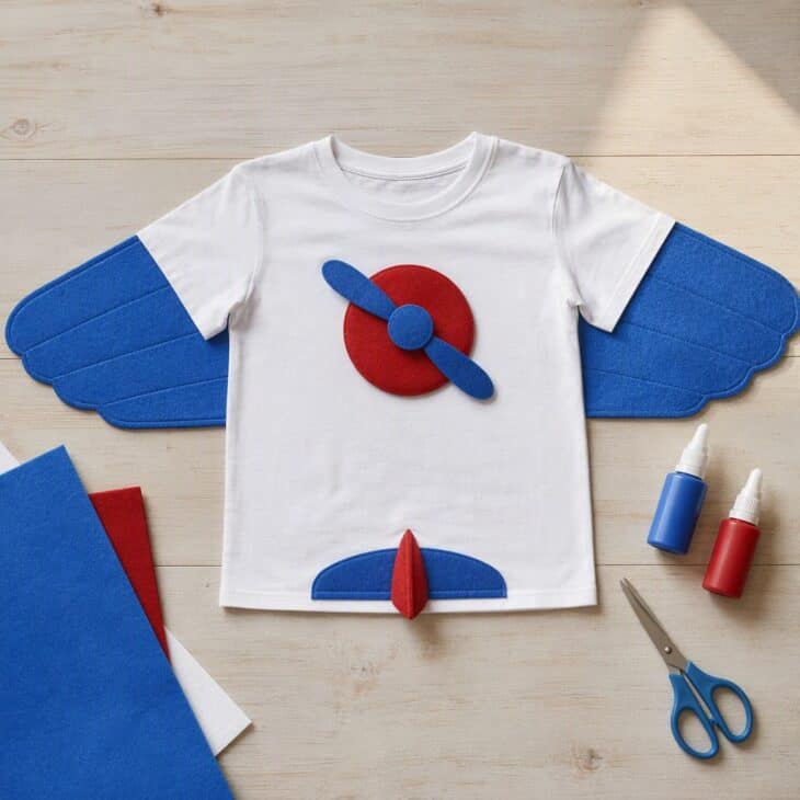 Felt, fabric glue and a plain tee make a plane in about an hour.