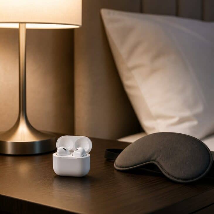 Earbuds help crew rest in loud airports and thin-walled hotels.