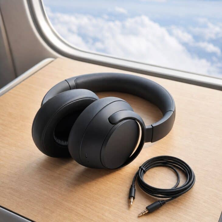 Black over-ear noise-canceling headphones with a coiled cable