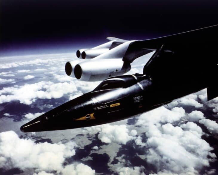 The X-15 rode under the wing of a B-52 to launch altitude, because it could not take off on its own.