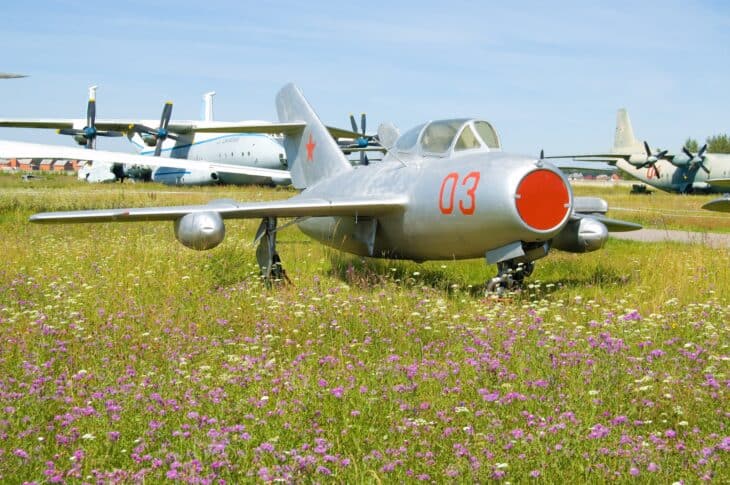 Mikoyan MiG-15UTI two-seat trainer with a red intake ring parked in a flower meadow