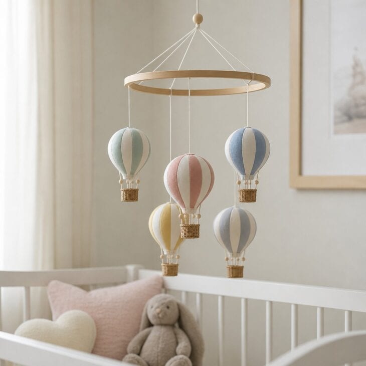 Slow-turning balloons give a crib a gentle focus point.