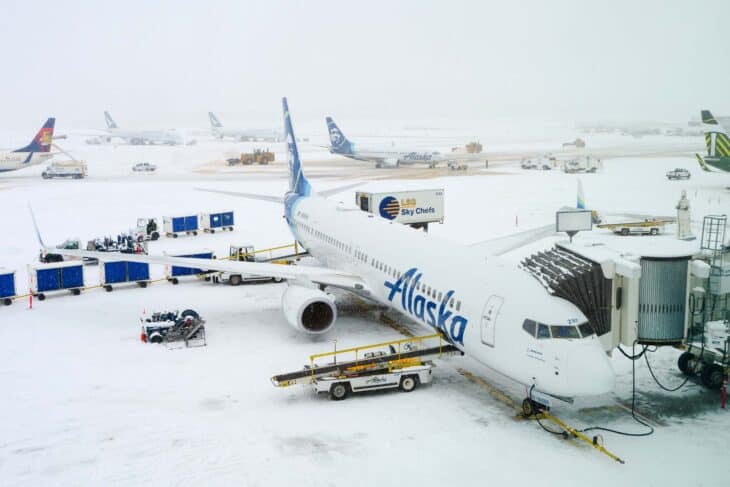 Alaska Airlines Boeing 737-900ER N297AK parked in snow at a gate in Anchorage