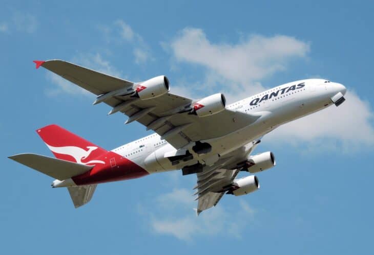 Qantas Airbus A380 VH-OQA climbing out after takeoff from London Heathrow