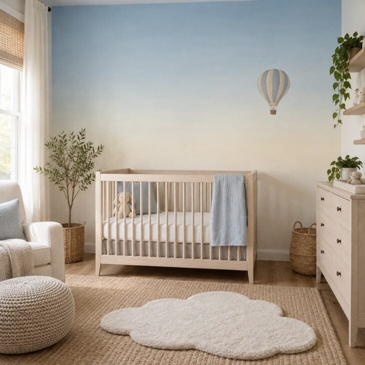 A pale ombre sky wall with one small balloon makes a calm focal point.