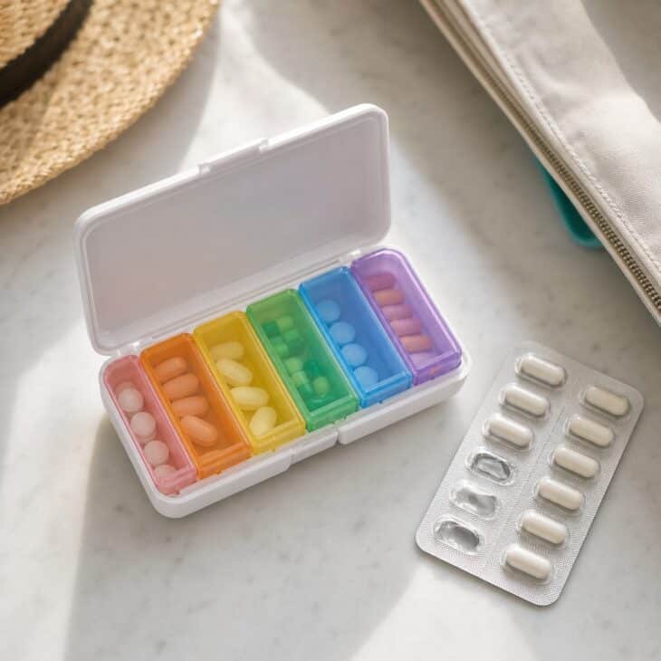 Small pill organizer with a blister pack beside it