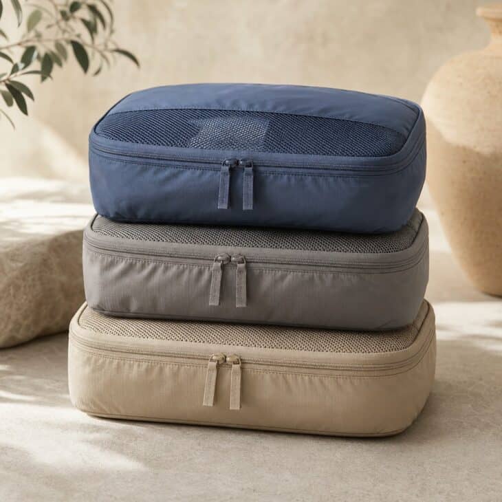 Three zipped packing cubes in blue, grey and sand stacked together
