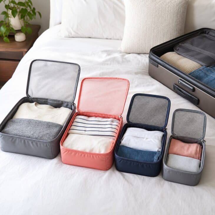 Packing cubes keep a multi-day trip bag sorted and compressed.