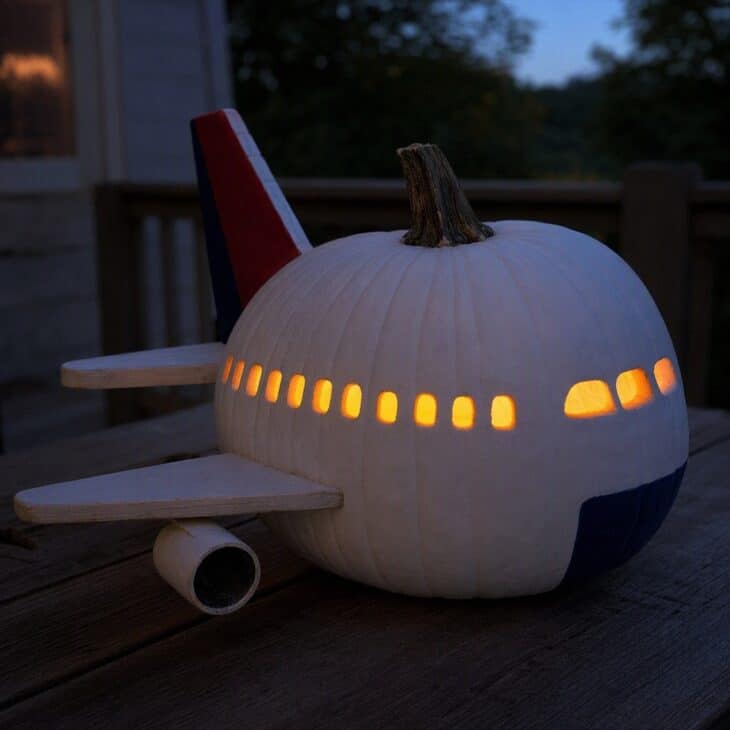 A white painted pumpkin decorated like an airliner with a colored tail and a row of black windows.