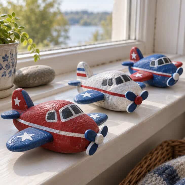 Smooth river rocks painted as little airplanes in red