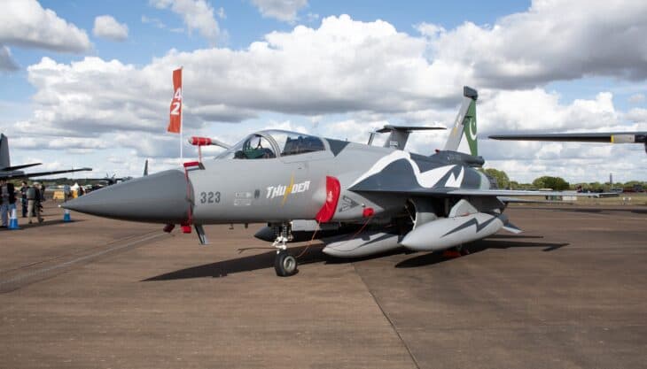 Pakistan Air Force JF-17 Thunder Block III on the ramp with a dark disruptive paint scheme