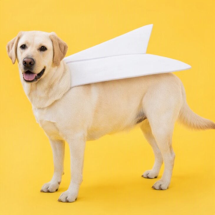 A cream Labrador wearing a folded white felt paper airplane shape on its back, on a yellow backdrop.