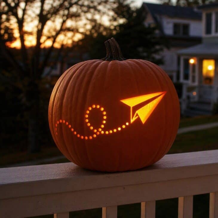A pumpkin carved with a small glowing paper airplane and a looping trail of round drilled holes.