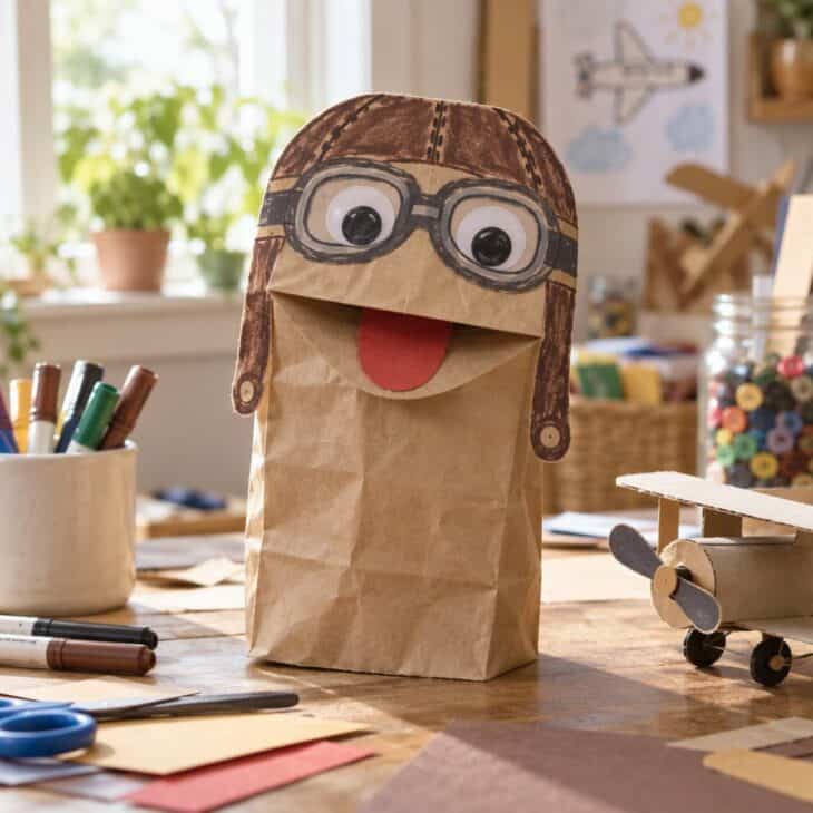 A brown paper bag puppet wearing a pilot hat and goggles drawn on in marker