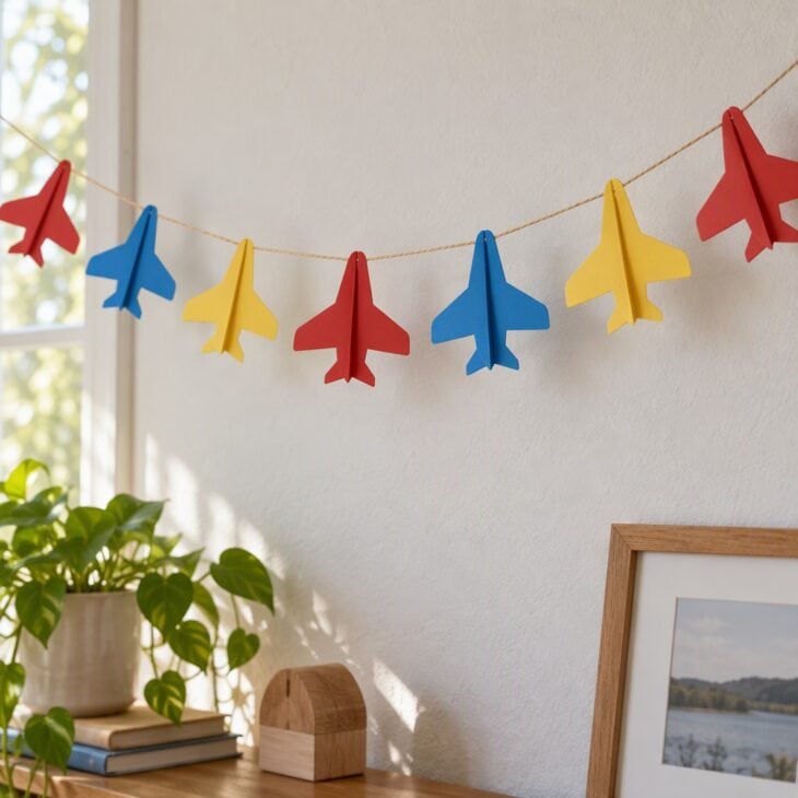 A string of cardstock airplanes in red