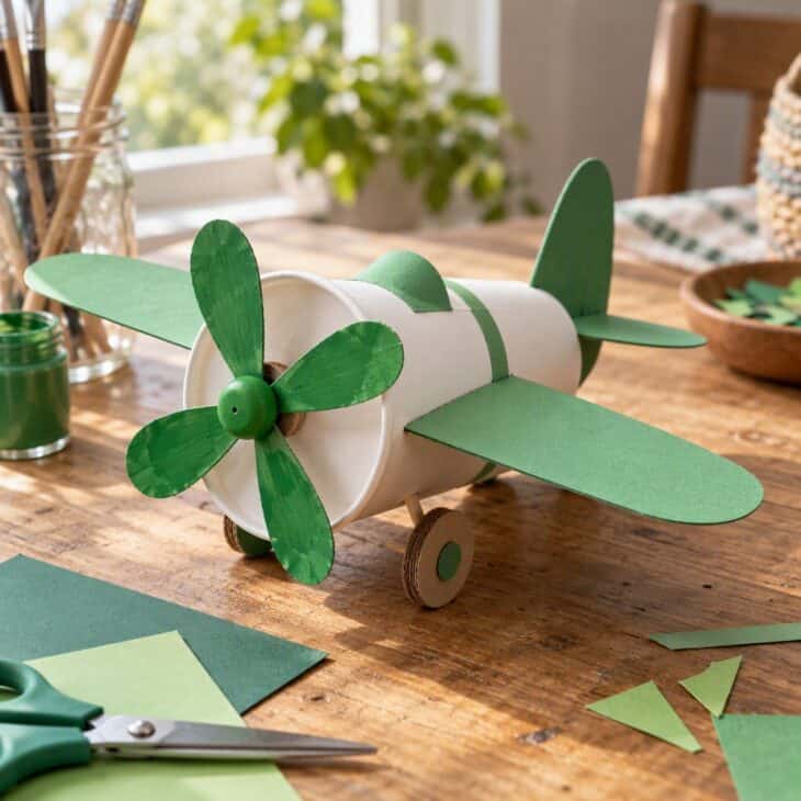 A paper cup airplane with cardstock wings and a paper propeller painted green