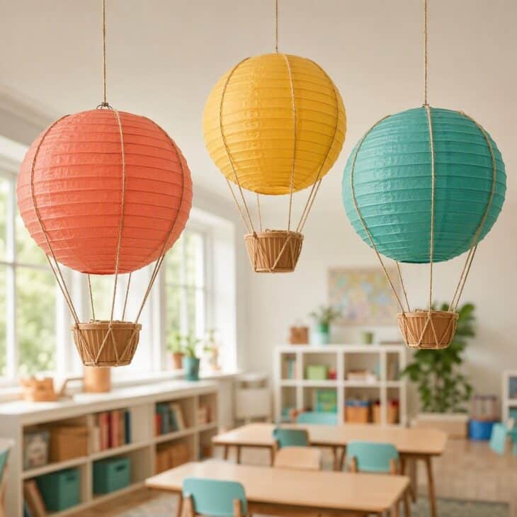 Lanterns turn into balloons with a basket and a few lines of twine.