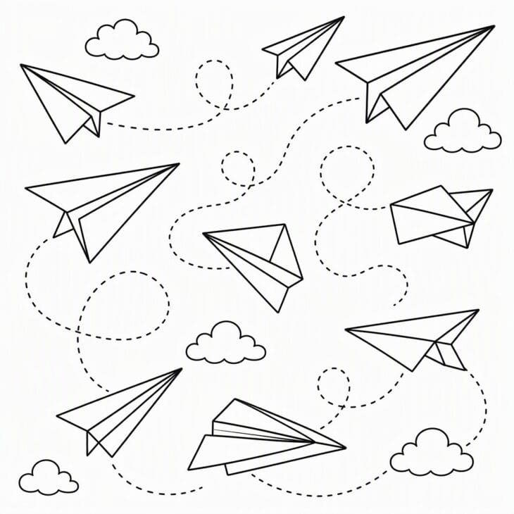 A flock of folded planes, each with its own dotted flight path.