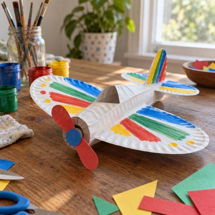 A paper plate folded and cut into an airplane shape with colorful painted wings and a small paper propeller