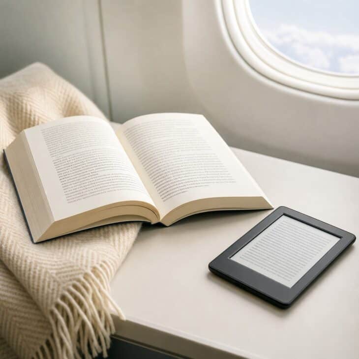 Open paperback book beside a slim e-reader
