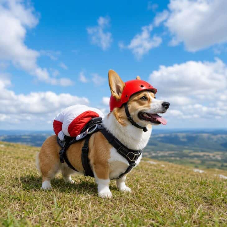 A corgi wearing a harness with a folded white and red parachute pack and a tiny red helmet.