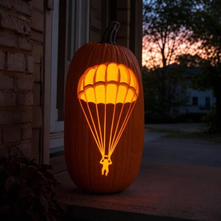 A tall pumpkin carved with a glowing parachute canopy with suspension lines and a small hanging figure.