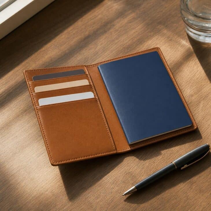 A slim passport wallet keeps documents together on every international trip.