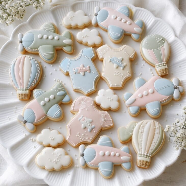 Muted pastels and a onesie shape soften the airplane theme for a shower.