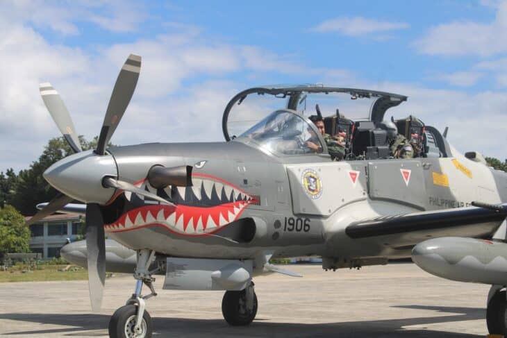 Philippine Air Force A-29B Super Tucano with shark-mouth nose art parked on a ramp
