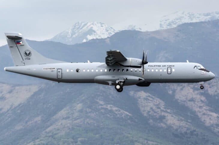 Philippine Air Force ATR 72-600 maritime patrol aircraft in flight against a mountain backdrop
