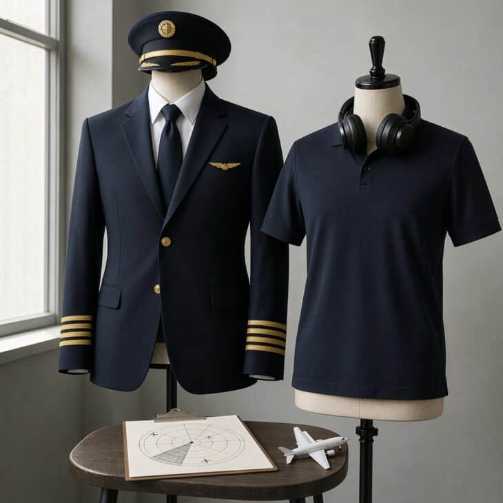 A pilot uniform beside a controller in a polo shirt and headset with a radar sweep clipboard.