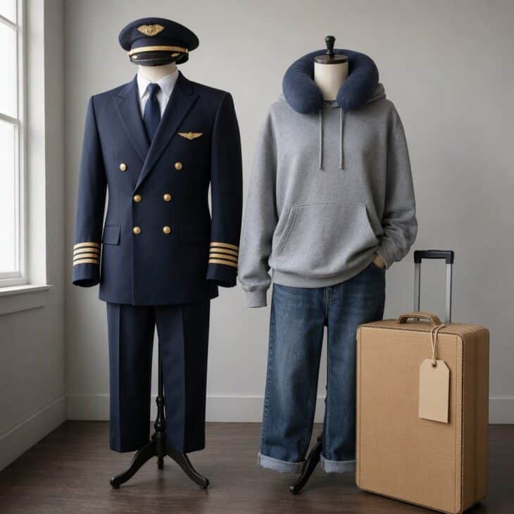 A pilot uniform beside a rumpled traveler with a neck pillow and a giant cardboard suitcase.