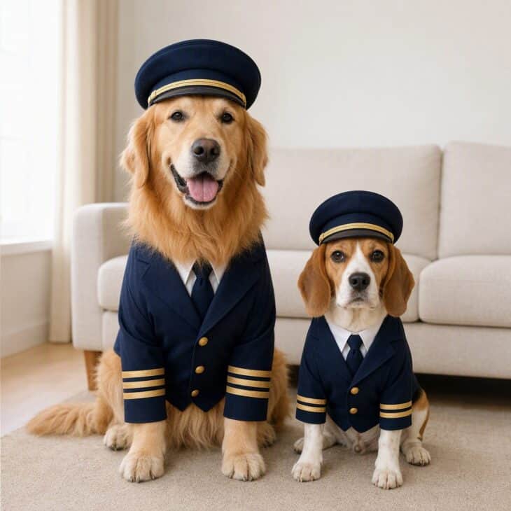 A golden retriever in a four-stripe navy jacket sitting next to a beagle in a three-stripe jacket, both in peaked caps.
