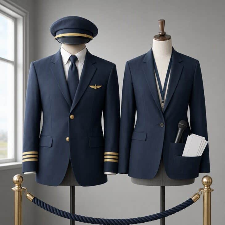 A pilot uniform beside a gate agent with a lanyard, microphone and a stack of boarding passes.