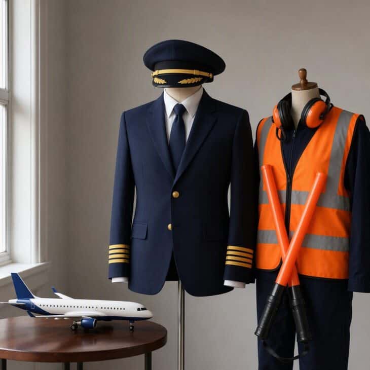 A pilot uniform beside a ramp marshaller in a hi-vis vest with orange wands and ear defenders.