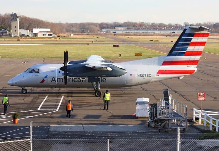 Piedmont Airlines Dash 8 turboprop in American Eagle livery on the ramp