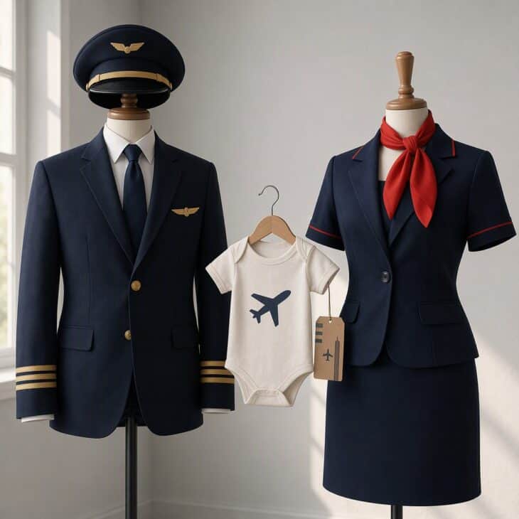 A pilot uniform and a flight attendant uniform beside a baby onesie with a tiny boarding pass tag.