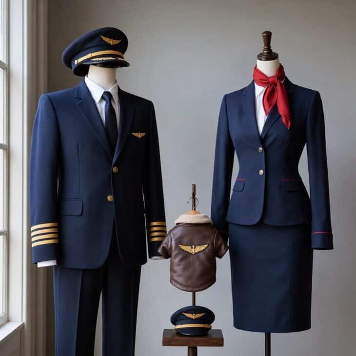 A pilot and a flight attendant uniform beside a small leather dog jacket with a tiny cap.