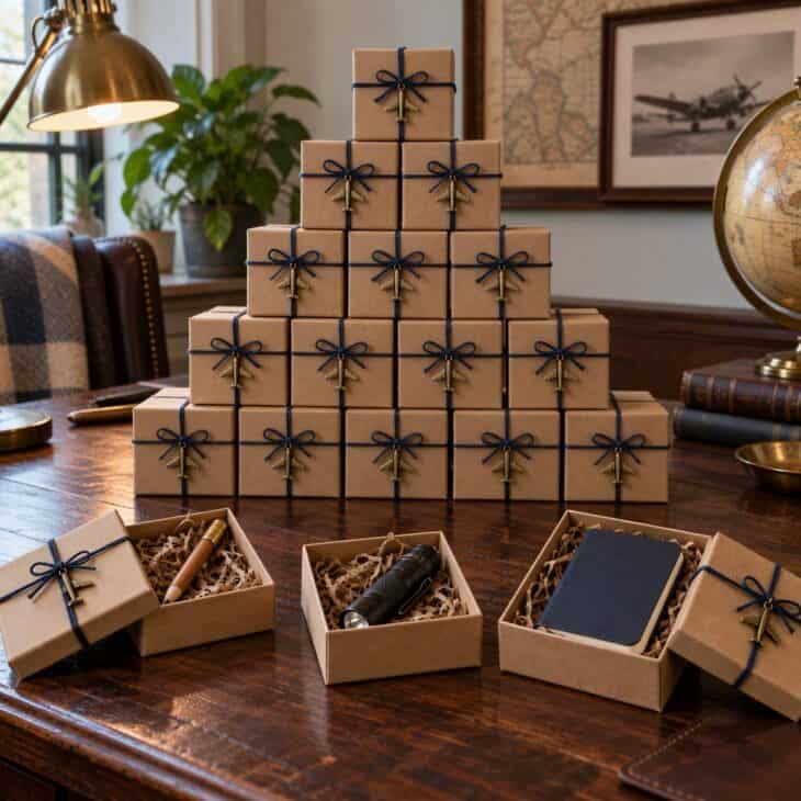 Little kraft boxes holding pilot-sized gadgets and desk gear.