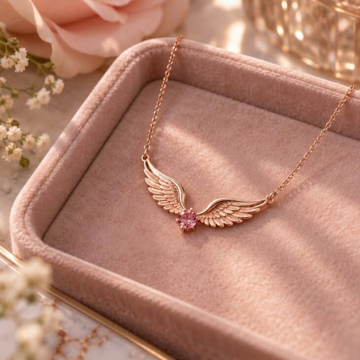 A birthstone adds a personal touch to a wings pendant.