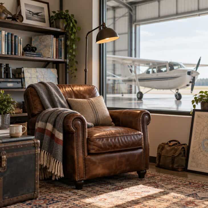 A reading nook gives the pilot a quiet corner beside the aircraft.
