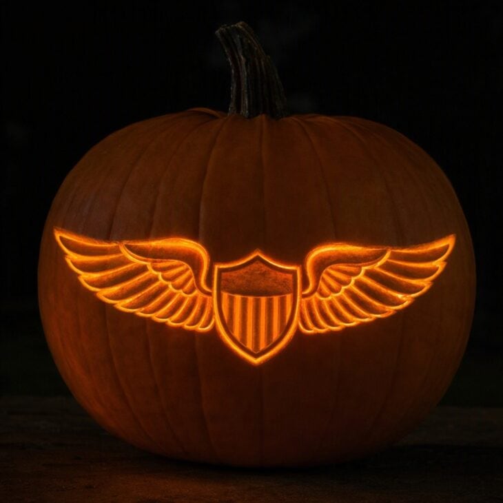 A pumpkin carved with a softly glowing pair of etched pilot wings with a center shield.