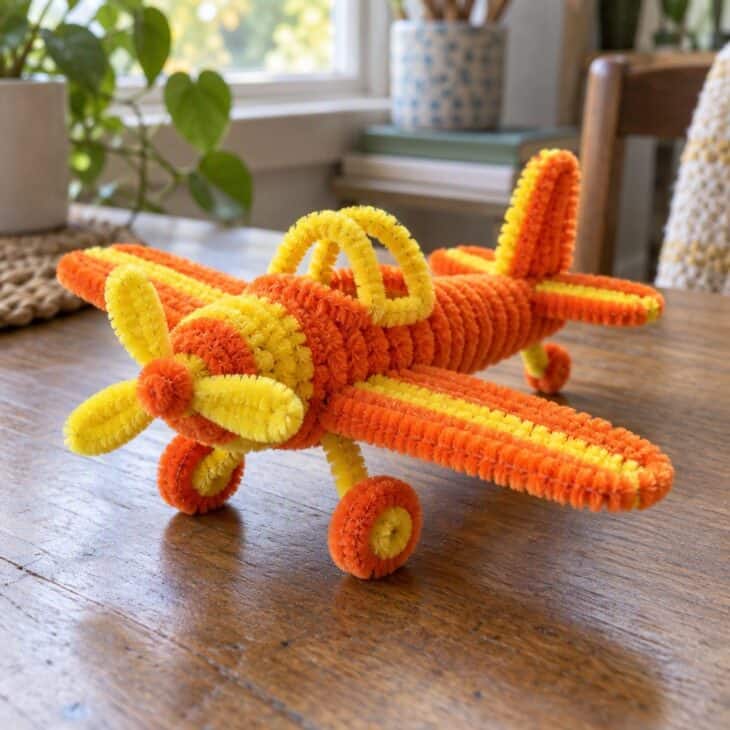A bright airplane made from twisted chenille pipe cleaners in orange and yellow on a table