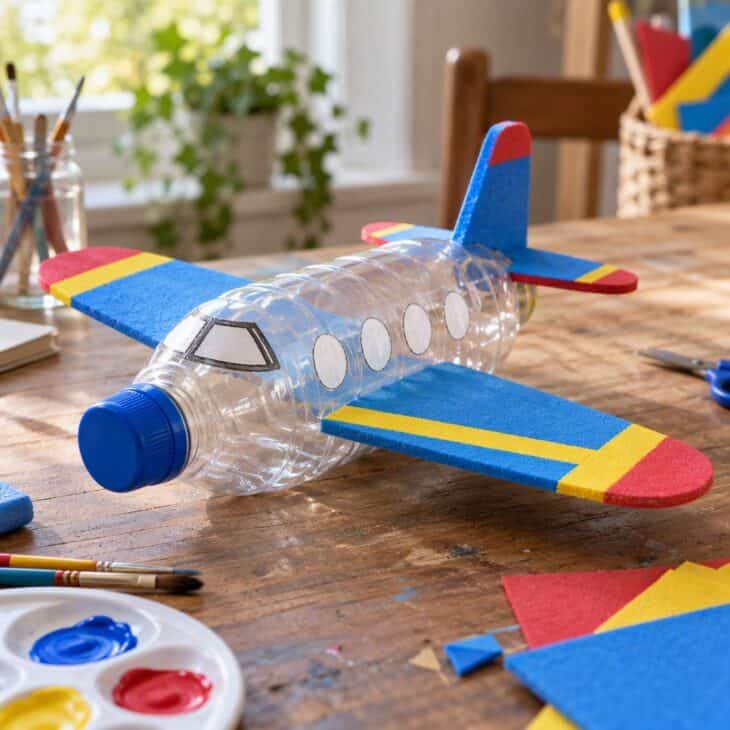 A clean plastic bottle turned into an airplane with painted foam wings and a bottle cap nose